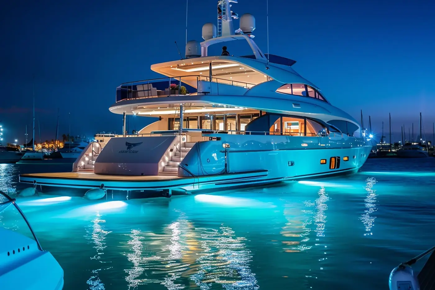 Marina éclairée de nuit avec contrôle des accès